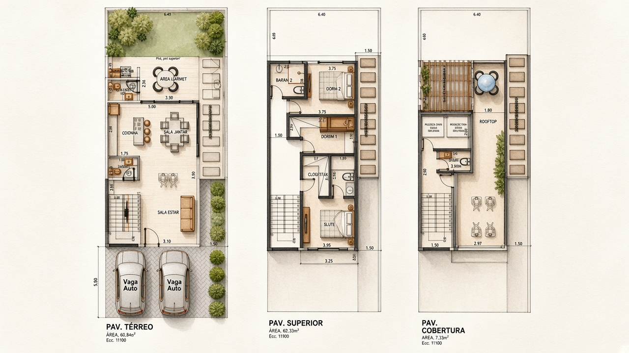 Planta mobiliada dos três pavimentos
