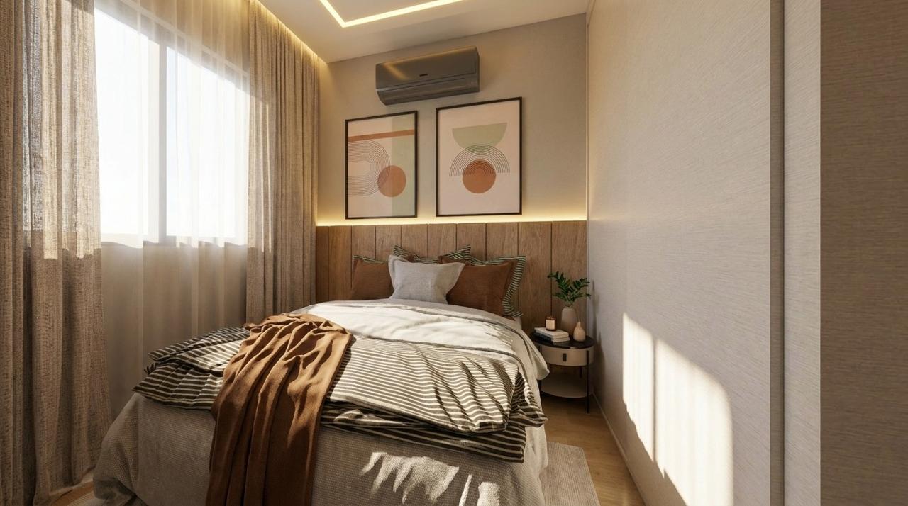 Dormitório com cama e cortina de linho