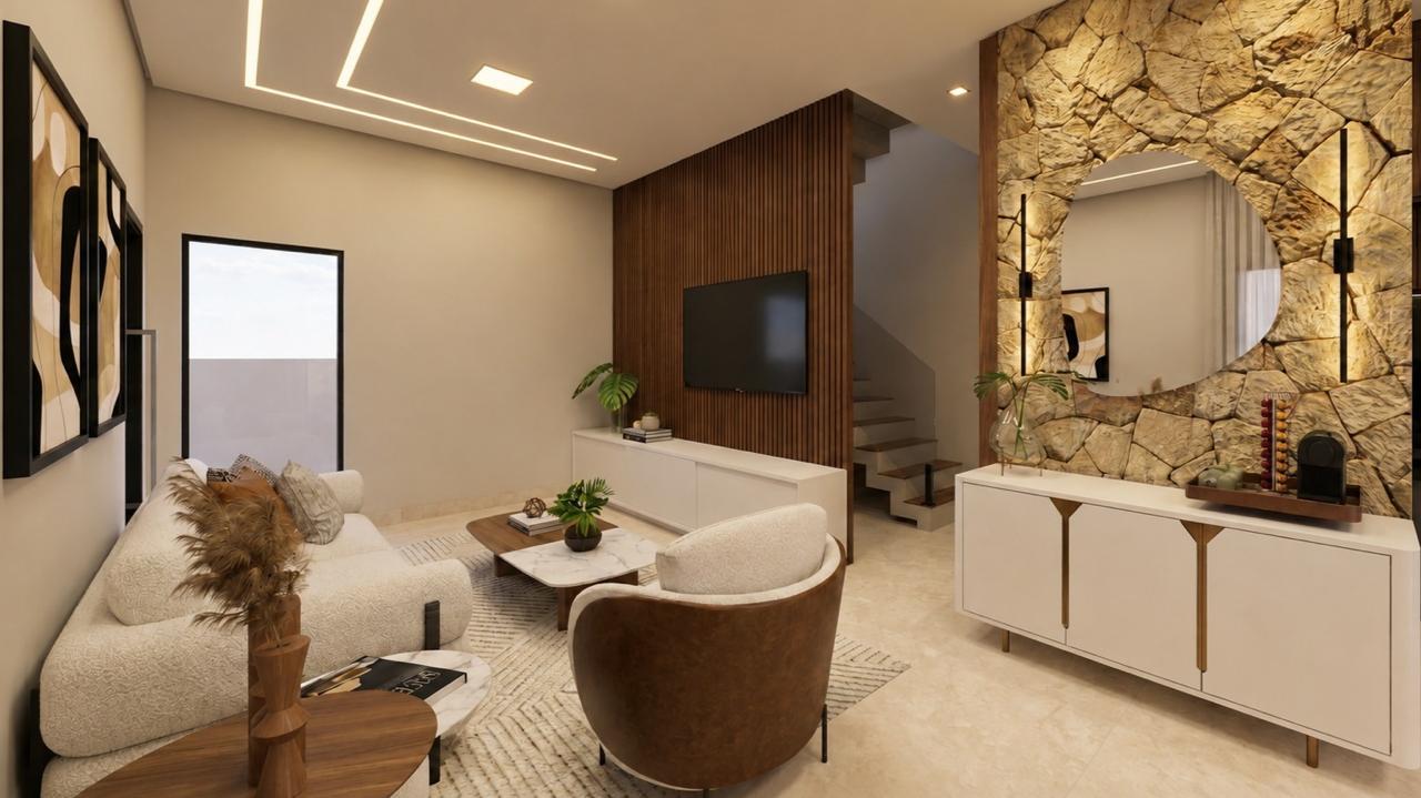 Sala de estar com painel de pedra e escada